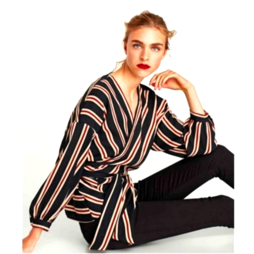 Zara Black Striped V-Neck Long Sleeve True Wrap Blouse